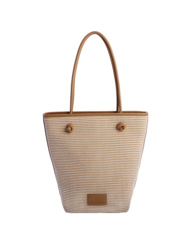 SHOPPER-BICOLOR.RAYAS-HORIZONTALES-BEIGE-BLANCAS-ASAS-HOMBRO-LOGO-PARCHE-MARRÓN-DON-ALGODÓN