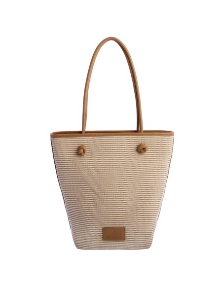 SHOPPER-BICOLOR.RAYAS-HORIZONTALES-BEIGE-BLANCAS-ASAS-HOMBRO-LOGO-PARCHE-MARRÓN-DON-ALGODÓN