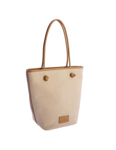 SHOPPER-BICOLOR.RAYAS-HORIZONTALES-BEIGE-BLANCAS-ASAS-HOMBRO-LOGO-PARCHE-MARRÓN-DON-ALGODÓN