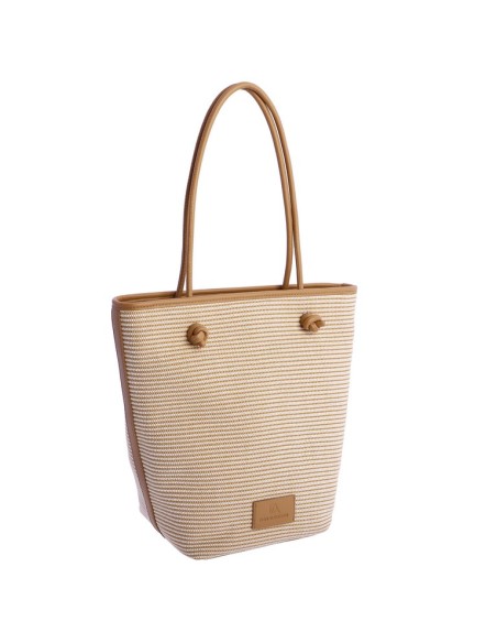 SHOPPER-BICOLOR.RAYAS-HORIZONTALES-BEIGE-BLANCAS-ASAS-HOMBRO-LOGO-PARCHE-MARRÓN-DON-ALGODÓN