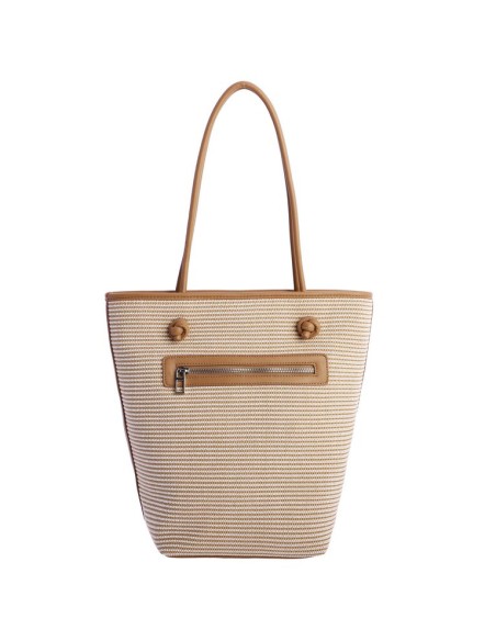 SHOPPER-BICOLOR.RAYAS-HORIZONTALES-BEIGE-BLANCAS-ASAS-HOMBRO-LOGO-PARCHE-MARRÓN-DON-ALGODÓN