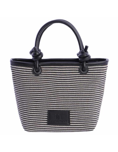 BOLSO-MANO-BICOLOR.RAYAS-HORIZONTALES-NEGRAS-BLANCAS-ASAS-MANO-LOGO-PARCHE-NEGRO-DON-ALGODÓN
