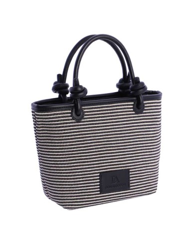 BOLSO-MANO-BICOLOR.RAYAS-HORIZONTALES-NEGRAS-BLANCAS-ASAS-MANO-LOGO-PARCHE-NEGRO-DON-ALGODÓN
