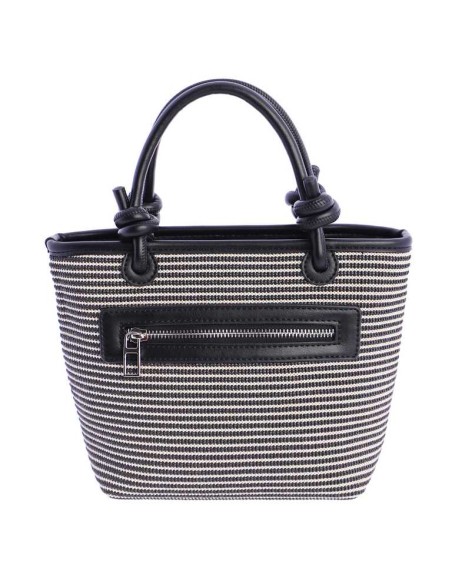 BOLSO-MANO-BICOLOR.RAYAS-HORIZONTALES-NEGRAS-BLANCAS-ASAS-MANO-LOGO-PARCHE-NEGRO-DON-ALGODÓN