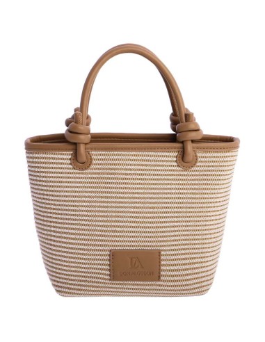 BOLSO-MANO-BICOLOR.RAYAS-HORIZONTALES-BEIGE-BLANCAS-ASAS-MANO-LOGO-PARCHE-MARRÓN-DON-ALGODÓN