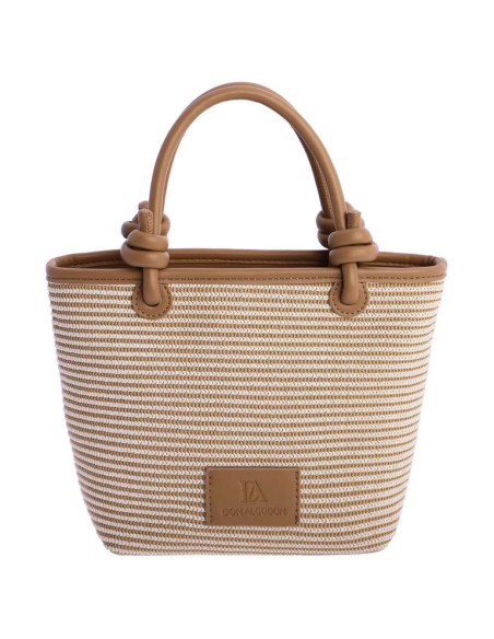 BOLSO-MANO-BICOLOR.RAYAS-HORIZONTALES-BEIGE-BLANCAS-ASAS-MANO-LOGO-PARCHE-MARRÓN-DON-ALGODÓN