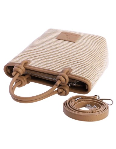 BOLSO-MANO-BICOLOR.RAYAS-HORIZONTALES-BEIGE-BLANCAS-ASAS-MANO-LOGO-PARCHE-MARRÓN-DON-ALGODÓN