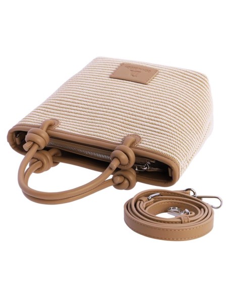 BOLSO-MANO-BICOLOR.RAYAS-HORIZONTALES-BEIGE-BLANCAS-ASAS-MANO-LOGO-PARCHE-MARRÓN-DON-ALGODÓN