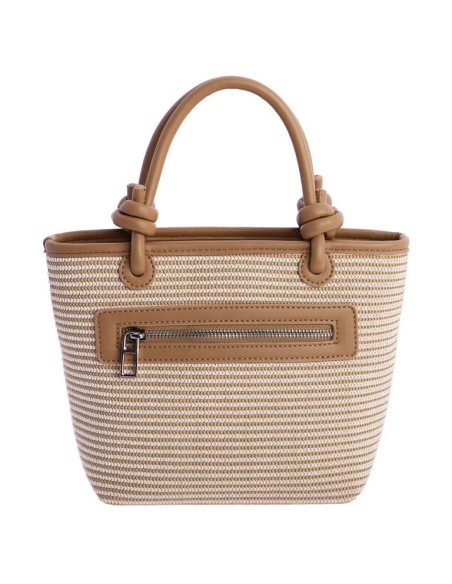 BOLSO-MANO-BICOLOR.RAYAS-HORIZONTALES-BEIGE-BLANCAS-ASAS-MANO-LOGO-PARCHE-MARRÓN-DON-ALGODÓN