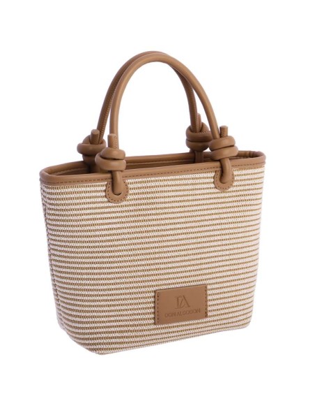 BOLSO-MANO-BICOLOR.RAYAS-HORIZONTALES-BEIGE-BLANCAS-ASAS-MANO-LOGO-PARCHE-MARRÓN-DON-ALGODÓN