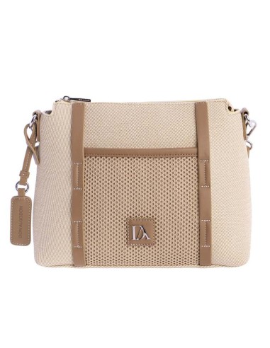 BANDOLERA-NYLON-BEIGE.DETALLES-MARRONES-MALLA-FRONTAL-BOLSILLO-TRASERO-ASA-BANDOLERA-REGULABLE-DON-ALGODÓN