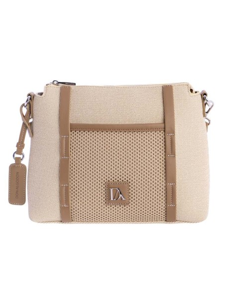 BANDOLERA-NYLON-BEIGE.DETALLES-MARRONES-MALLA-FRONTAL-BOLSILLO-TRASERO-ASA-BANDOLERA-REGULABLE-DON-ALGODÓN