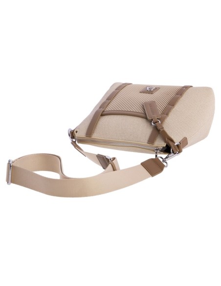 BANDOLERA-NYLON-BEIGE.DETALLES-MARRONES-MALLA-FRONTAL-BOLSILLO-TRASERO-ASA-BANDOLERA-REGULABLE-DON-ALGODÓN
