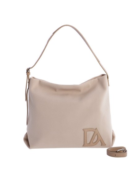 BOLSO-BEIGE-HOMBRO-ASA-CIERRE-COMPARTIMENTO-TRASERO-LOGO-AL-TONO-MALLA-DON-ALGODÓN