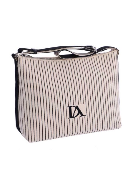 BOLSO-UNÁSA´HOMBRO-ESTAMPADO-RAYAS-BEIGE-NEGRO-TEJIDO-PUNTO-LOGO-FRONTAL-COMPARTIMENTO-TRASERO-DON-ALGODÓN