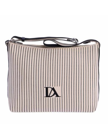 BOLSO-UNÁSA´HOMBRO-ESTAMPADO-RAYAS-BEIGE-NEGRO-TEJIDO-PUNTO-LOGO-FRONTAL-COMPARTIMENTO-TRASERO-DON-ALGODÓN