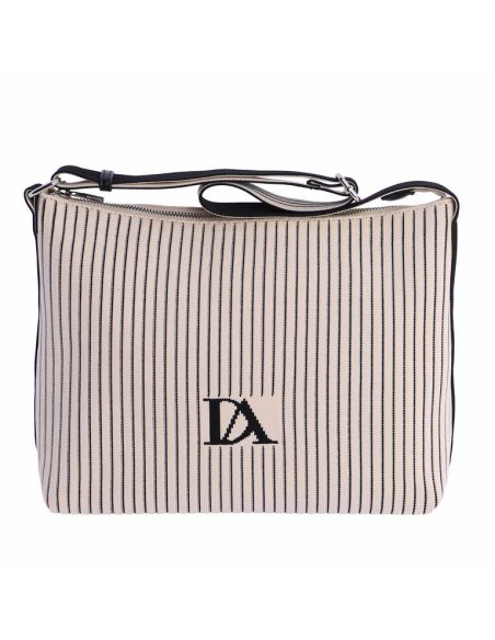 BOLSO-UNÁSA´HOMBRO-ESTAMPADO-RAYAS-BEIGE-NEGRO-TEJIDO-PUNTO-LOGO-FRONTAL-COMPARTIMENTO-TRASERO-DON-ALGODÓN