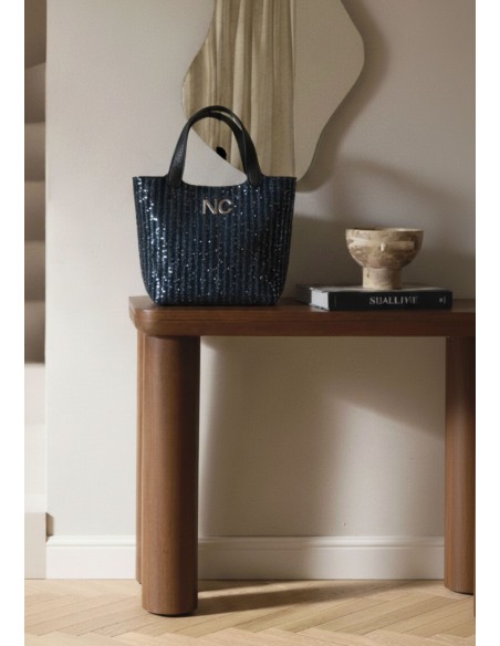 BOLSO-TOTE.DENIM-LENTEJUELAS.DOS-ASAS-MANO-ASA-BANDOLERA-LOGO-PLATEADO-NOCO-COMPLEMENTOS