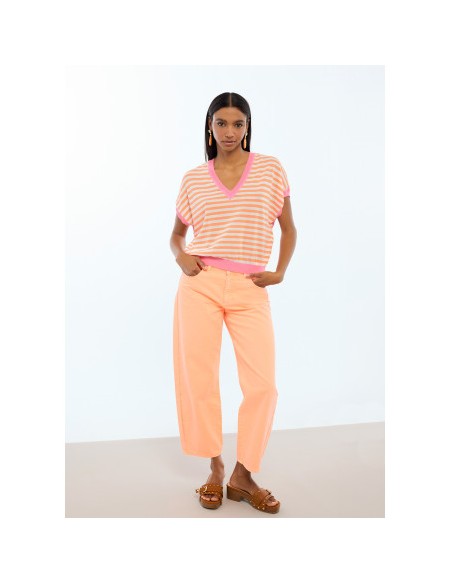 JERSEY-CUELLO-PICO-MANGA-CORTA-BICOLOR-ROSA-NARANJA-LOLA-CASADEMUNT
