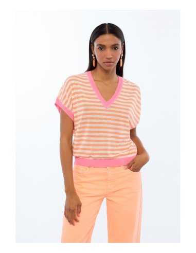 JERSEY-CUELLO-PICO-MANGA-CORTA-BICOLOR-ROSA-NARANJA-LOLA-CASADEMUNT