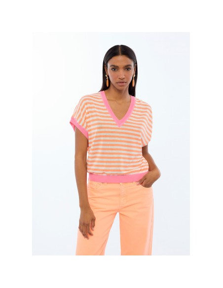 JERSEY-CUELLO-PICO-MANGA-CORTA-BICOLOR-ROSA-NARANJA-LOLA-CASADEMUNT