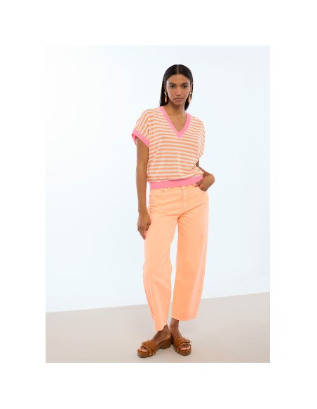 JERSEY-CUELLO-PICO-MANGA-CORTA-BICOLOR-ROSA-NARANJA-LOLA-CASADEMUNT