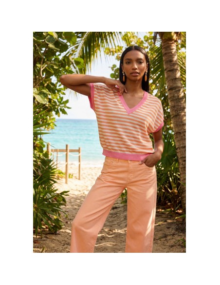 JERSEY-CUELLO-PICO-MANGA-CORTA-BICOLOR-ROSA-NARANJA-LOLA-CASADEMUNT