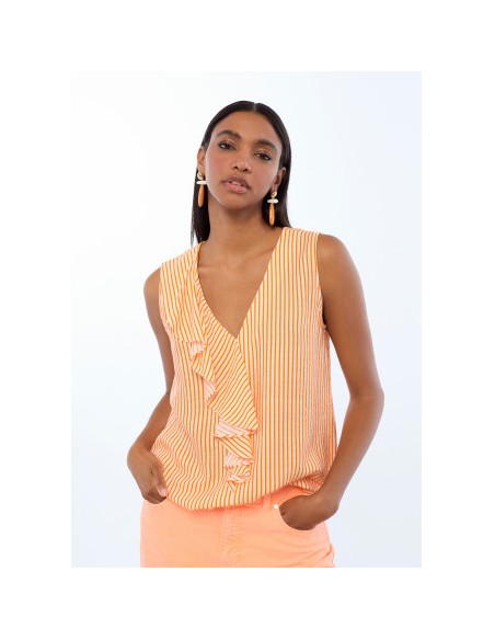 TOP-BICOLOR-VOLANTES-NARANJA-CRUDO-RAYAS-SIN-MANGAS-LOLA-CASADEMUNT