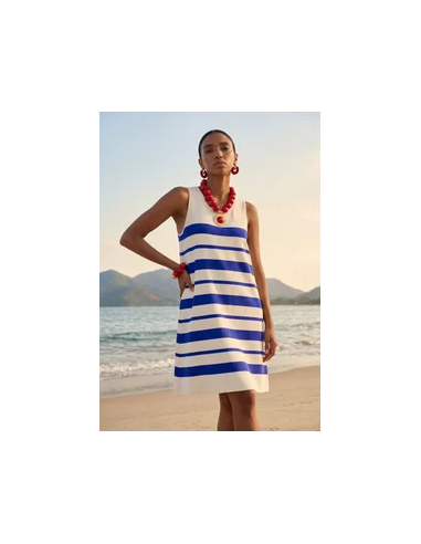 VESTIDO-CORTO-EVASÉ-TIRANTES-RAYAS-IRREGULARES.AZUL-CRUDO-CUELLO-REDONDO-LOLA-CASADEMUNT