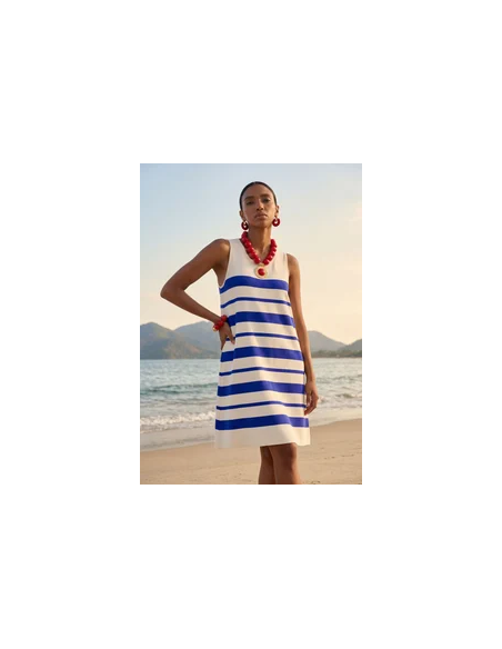 VESTIDO-CORTO-EVASÉ-TIRANTES-RAYAS-IRREGULARES.AZUL-CRUDO-CUELLO-REDONDO-LOLA-CASADEMUNT
