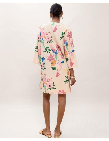 VESTIDO-CORTO-ESTAMPADO-MULTICOLOR-FLORES-LORO-DETALLES-ESCOTE-BORDADOS-ADORNOS-LOLA-CASADEMUNT