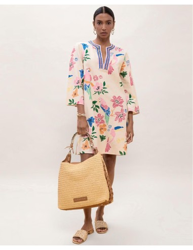 VESTIDO-CORTO-ESTAMPADO-MULTICOLOR-FLORES-LORO-DETALLES-ESCOTE-BORDADOS-ADORNOS-LOLA-CASADEMUNT