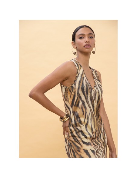 VESTIDO-LARGO-ESTAMPADO-CEBRA-MARRÓN-NEGRO-SIN-MANGAS-LOLA-CASADEMUNT