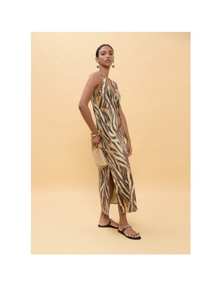 VESTIDO-LARGO-ESTAMPADO-CEBRA-MARRÓN-NEGRO-SIN-MANGAS-LOLA-CASADEMUNT