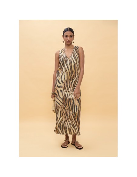 VESTIDO-LARGO-ESTAMPADO-CEBRA-MARRÓN-NEGRO-SIN-MANGAS-LOLA-CASADEMUNT