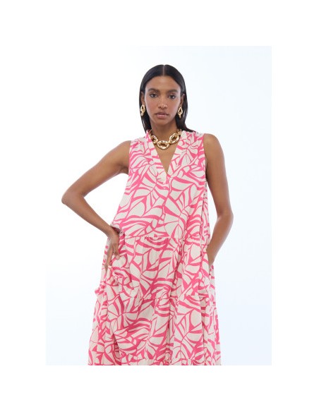 VESTIDO-VOLUMEN-ESTAMPADO-HOJAS-ROSA-FONDO-CRUFO-ESCPTE-PICO-LOLA-ALGODÓN