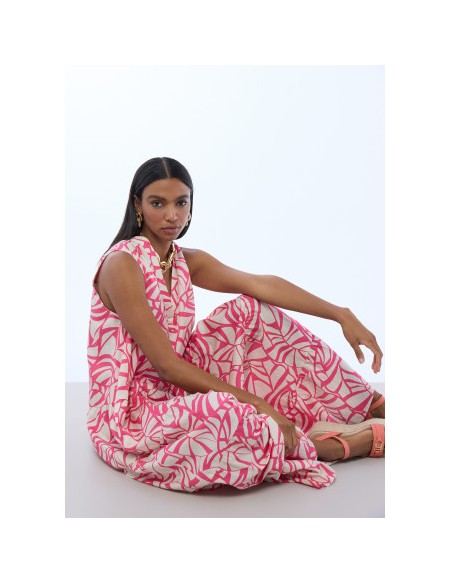 VESTIDO-VOLUMEN-ESTAMPADO-HOJAS-ROSA-FONDO-CRUFO-ESCPTE-PICO-LOLA-ALGODÓN
