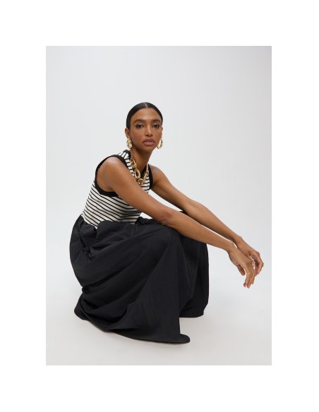 VESTIDO-LARGO-COMBINADO-BIMATERIAL-RAYAS-NEGRO-SIN-MANGAS-LOLA-CASADEMUNT