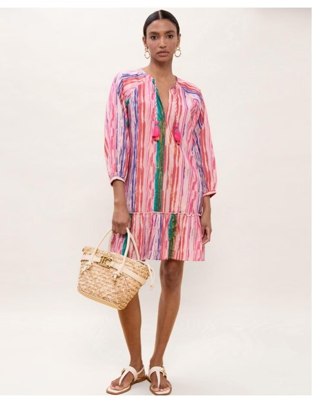 VESTIDO-CORTO-ESTAMPADO-RAYAS-MULTICOLOR-LUREX-MANGAS-3/4-LOLA-CASADEMUNT