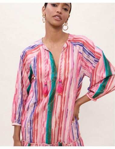 VESTIDO-CORTO-ESTAMPADO-RAYAS-MULTICOLOR-LUREX-MANGAS-3/4-LOLA-CASADEMUNT