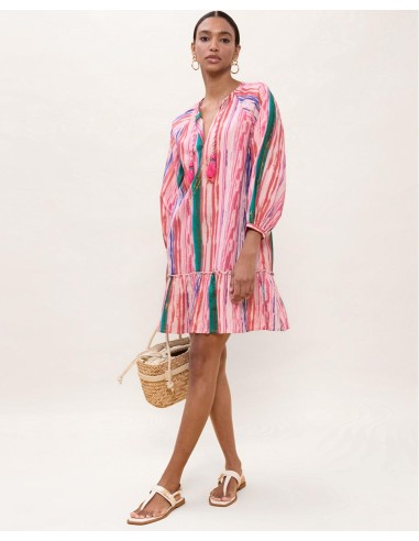 VESTIDO-CORTO-ESTAMPADO-RAYAS-MULTICOLOR-LUREX-MANGAS-3/4-LOLA-CASADEMUNT