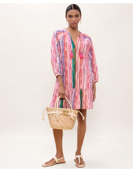 VESTIDO-CORTO-ESTAMPADO-RAYAS-MULTICOLOR-LUREX-MANGAS-3/4-LOLA-CASADEMUNT