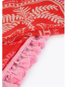 PAÑUELO-PAREO-ESTAMPADO-TROPICAL-ROJO-CRUDO-FLECOS-ROSAS-LOLA-CASADEMUNT