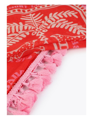PAÑUELO-PAREO-ESTAMPADO-TROPICAL-ROJO-CRUDO-FLECOS-ROSAS-LOLA-CASADEMUNT