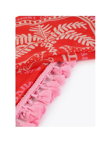 PAÑUELO-PAREO-ESTAMPADO-TROPICAL-ROJO-CRUDO-FLECOS-ROSAS-LOLA-CASADEMUNT
