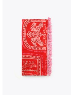 PAÑUELO-PAREO-ESTAMPADO-TROPICAL-ROJO-CRUDO-FLECOS-ROSAS-LOLA-CASADEMUNT 2