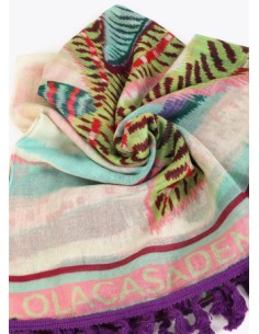 PAREO-MULTICOLOR-DIBUJOS-TROPICALES-FLECOS-MORADOS-LOLA-CASADEMUNT 2