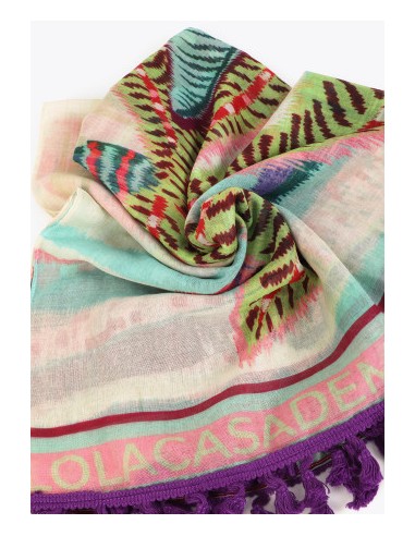 PAREO-MULTICOLOR-DIBUJOS-TROPICALES-FLECOS-MORADOS-LOLA-CASADEMUNT