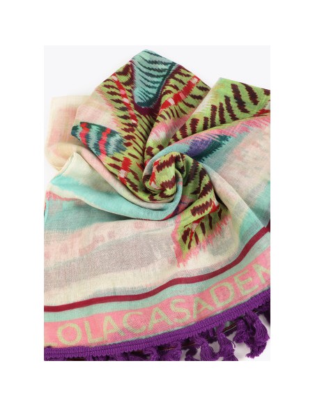 PAREO-MULTICOLOR-DIBUJOS-TROPICALES-FLECOS-MORADOS-LOLA-CASADEMUNT