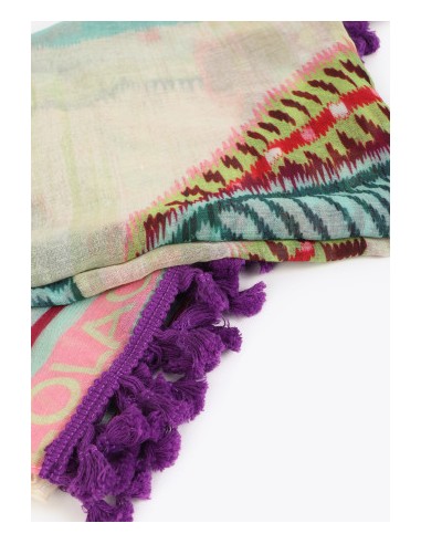 PAREO-MULTICOLOR-DIBUJOS-TROPICALES-FLECOS-MORADOS-LOLA-CASADEMUNT